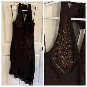 Vintage y2k Eva Blue Halter Neck Sequined Dress Brown fairycore 45428